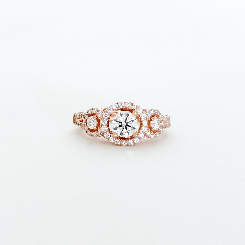 James Allen Rose Gold 14K Three Stone Diamond Halo Pave Engagement Ring 1.1 tcw